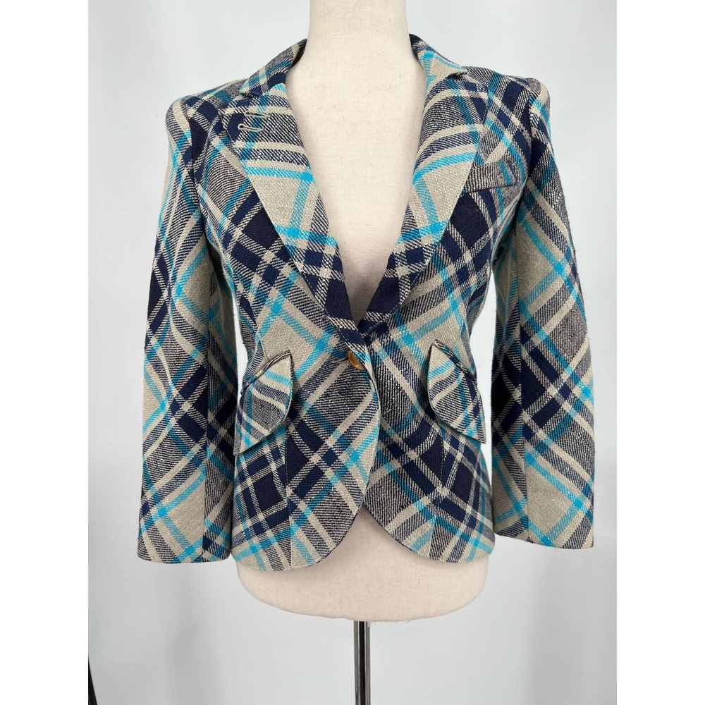 Smythe Plaid Blazer in Navy, Teal & Cream with Leather Elbow Patches - Picture 5 of 15